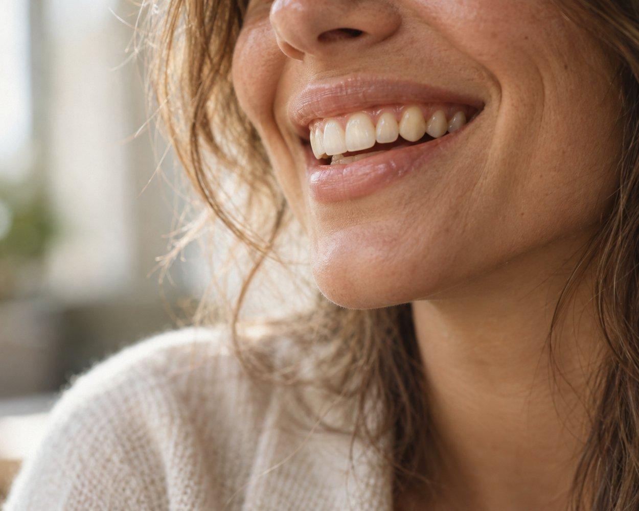 Close-up of a bright, natural smile in soft light