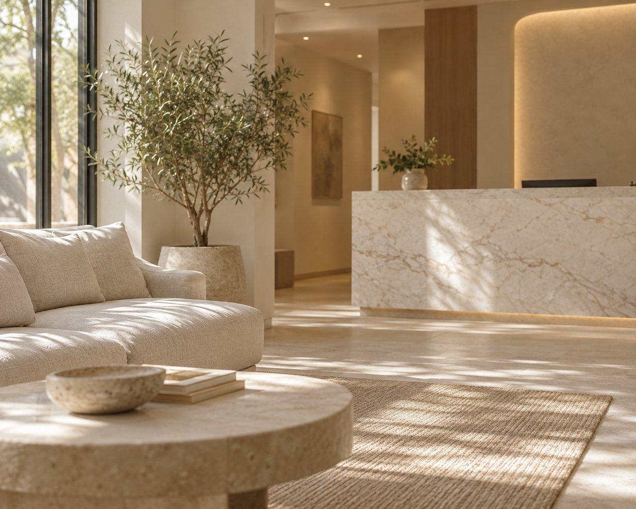 Calm reception area with linen and warm stone
